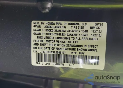 2020 Honda Cr-V Hybrid Lx z USA, uszkodzony, nr VIN 7FART6H29LE008177
